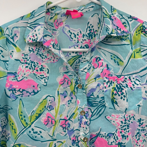Lily Pulitzer Dress Youth Girl XL Blue Tropical Roll Tab Sleeves V Neck Collared - Picture 3 of 11